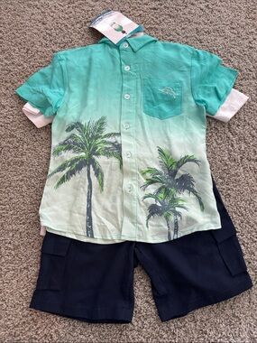 Tommy Bahamas 3 piece set - Tropical Palm Button-Up Shirt - Teal Green - Kids